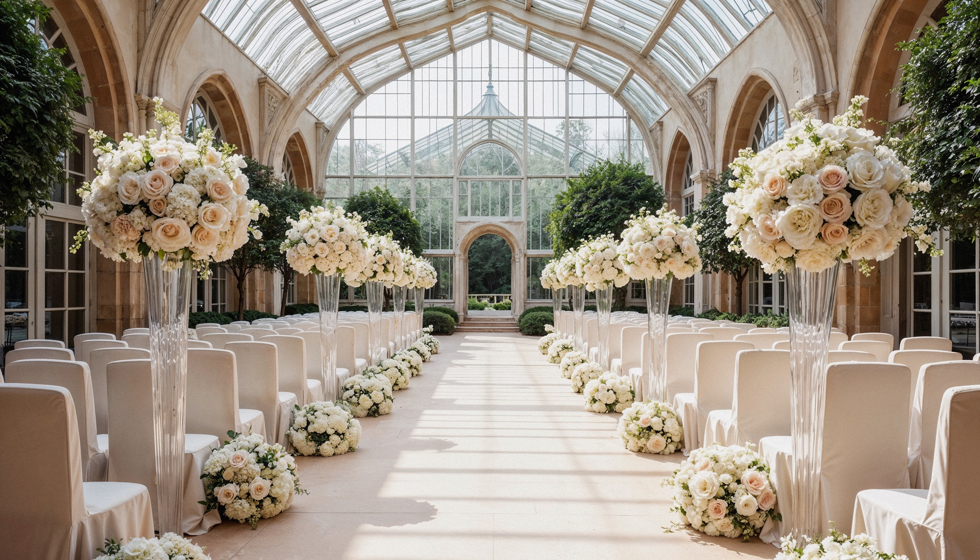 Bride and groom exchanging vows at an elegant beachside wedding ceremony with white floral drapery arch