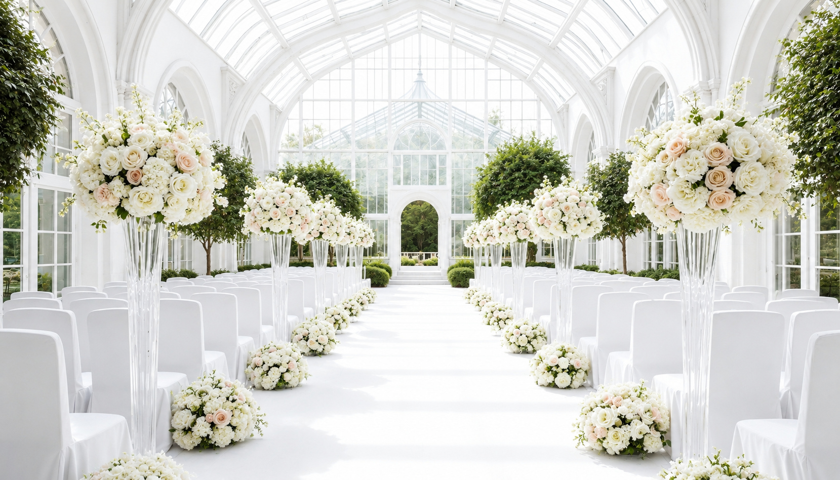 Sunlit glasshouse aisle lined with tall white floral arrangements and rows of dressed chairs